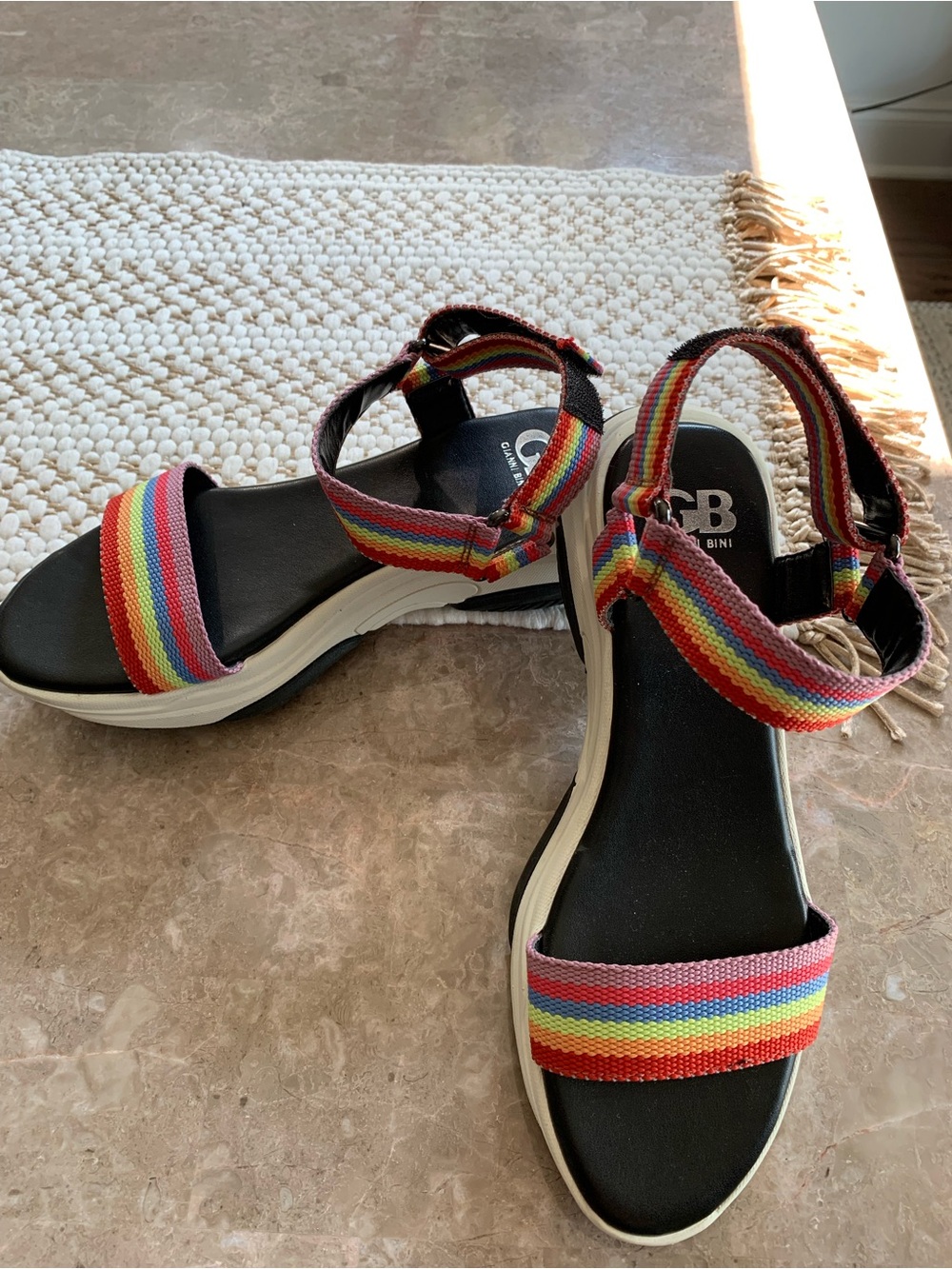 Gianni Bini Rainbow Strap Sandals — Black Footbed